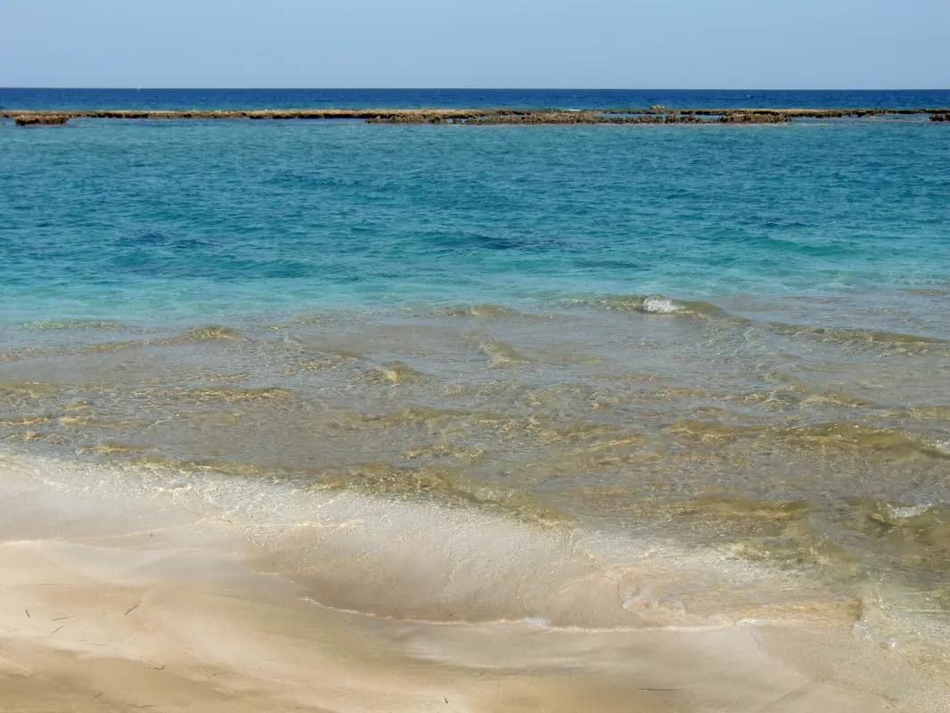 Klart, grunt vann ved strandkanten